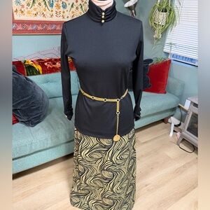 Vintage 60’s Set Navy & Gold Abstract Maxi Skirt & mock neck long sleeve top S